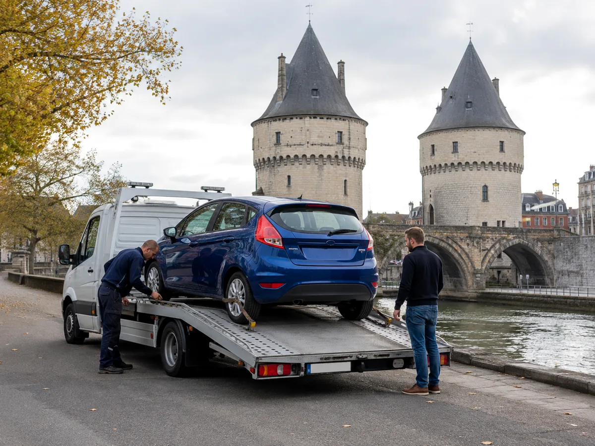Auto wordt in Kortrijk op een oprijwagen geladen voor gratis ophaling, met het Belfort en de gevels van de Grote Markt op de achtergrond